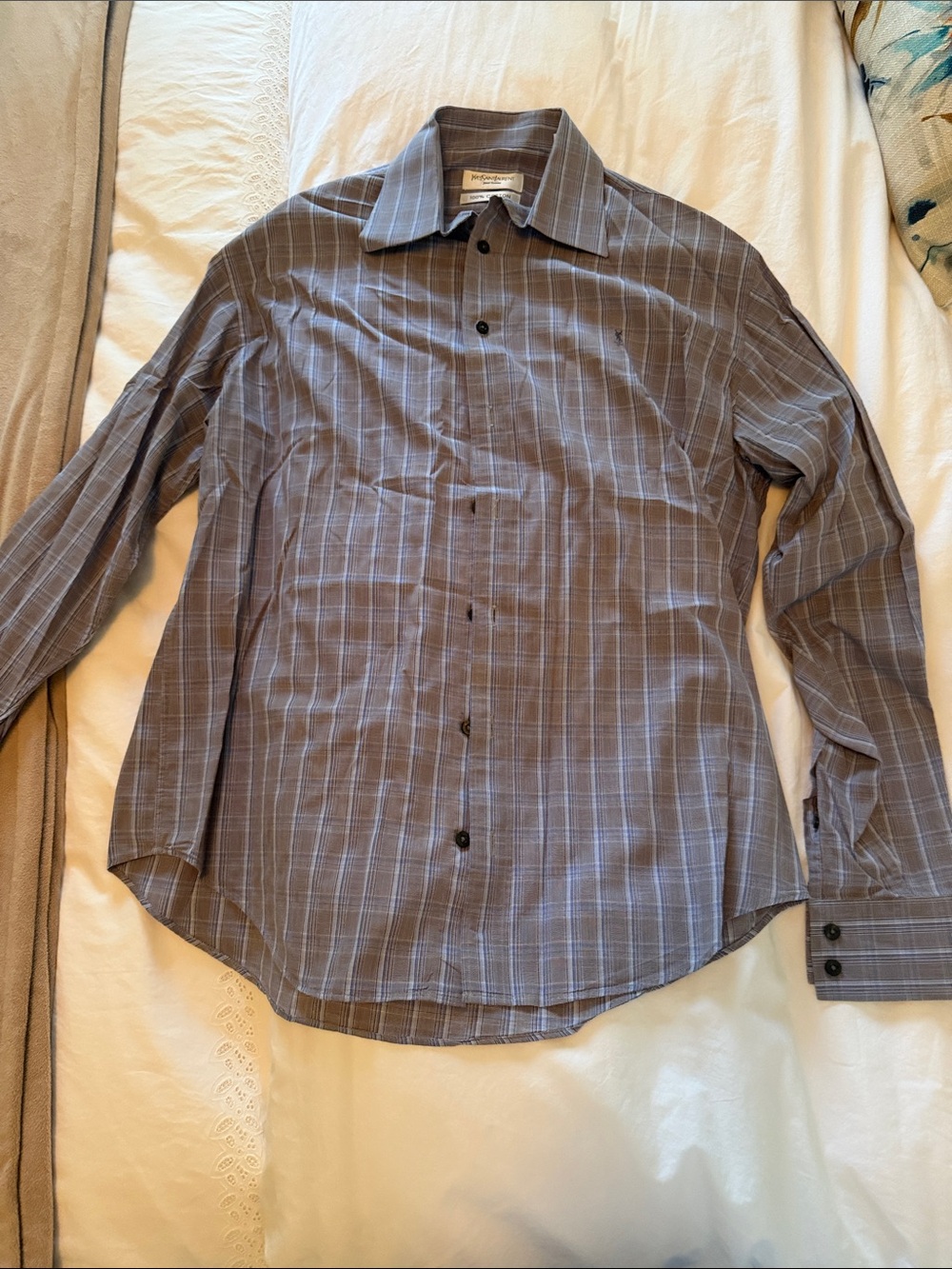 Yves Saint Laurent Gray Plaid Long-Sleeve Dress Shirt